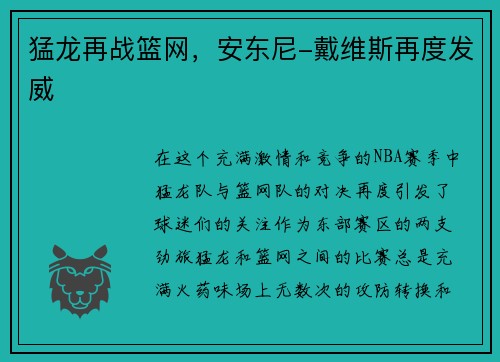 猛龙再战篮网，安东尼-戴维斯再度发威